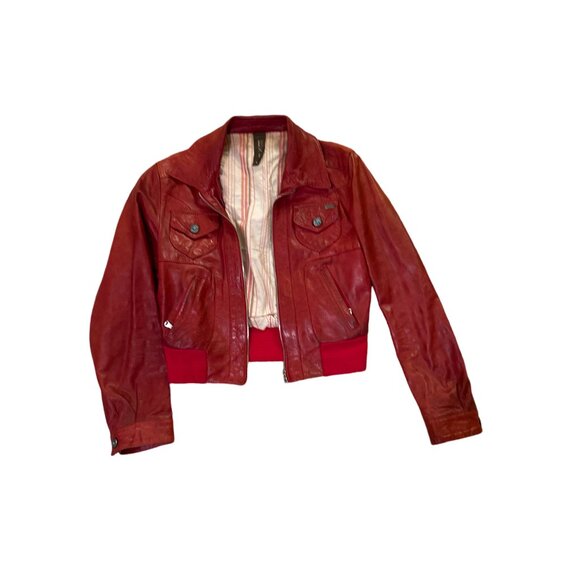 EXTO Made In Italy Red Leather Women' Bomber Jacket SZ Xsmall Vera Pelle Leather - Picture 9 of 9